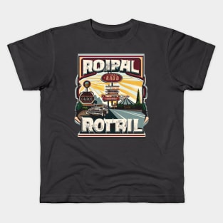 A graphic that captures the vintage vibe of a classic road trip, complete with iconic roadside attractions and retro typography. Kids T-Shirt